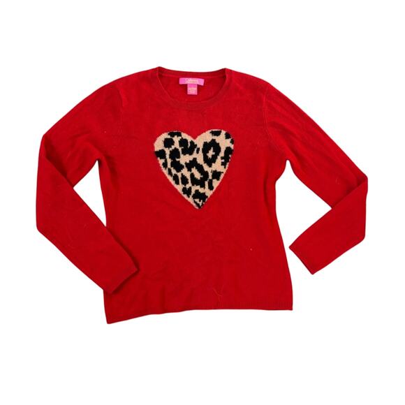 Catherine Melandrino Cashmere Crew Neck Sweater with Leopard Print Heart Large - Picture 1 of 5